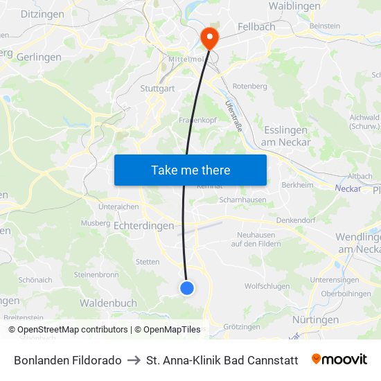 Bonlanden Fildorado to St. Anna-Klinik Bad Cannstatt map