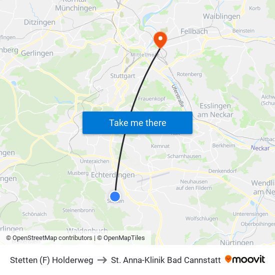 Stetten (F) Holderweg to St. Anna-Klinik Bad Cannstatt map