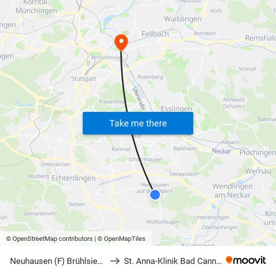 Neuhausen (F) Brühlsiedlung to St. Anna-Klinik Bad Cannstatt map