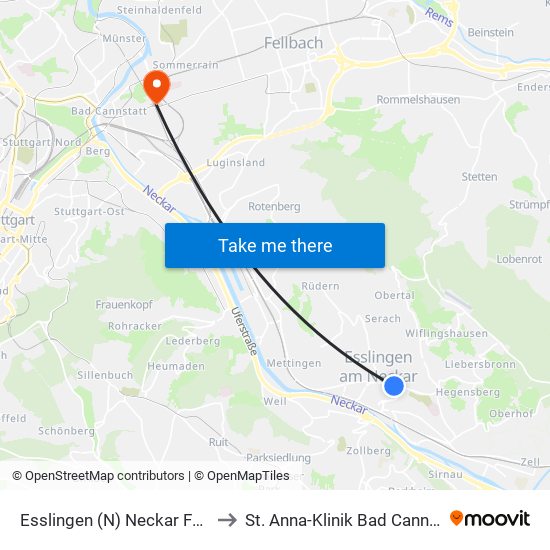 Esslingen (N) Neckar Forum to St. Anna-Klinik Bad Cannstatt map