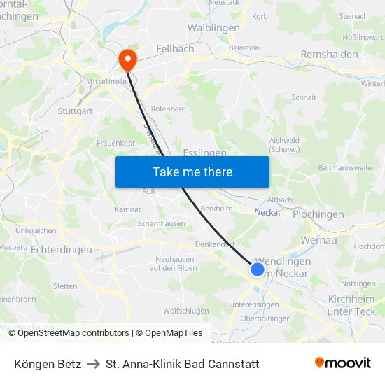 Köngen Betz to St. Anna-Klinik Bad Cannstatt map