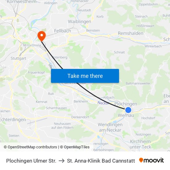 Plochingen Ulmer Str. to St. Anna-Klinik Bad Cannstatt map