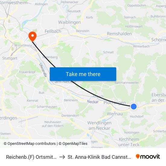 Reichenb.(F) Ortsmitte to St. Anna-Klinik Bad Cannstatt map