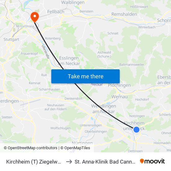 Kirchheim (T) Ziegelwasen to St. Anna-Klinik Bad Cannstatt map