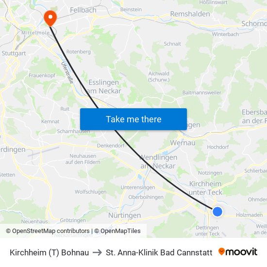 Kirchheim (T) Bohnau to St. Anna-Klinik Bad Cannstatt map