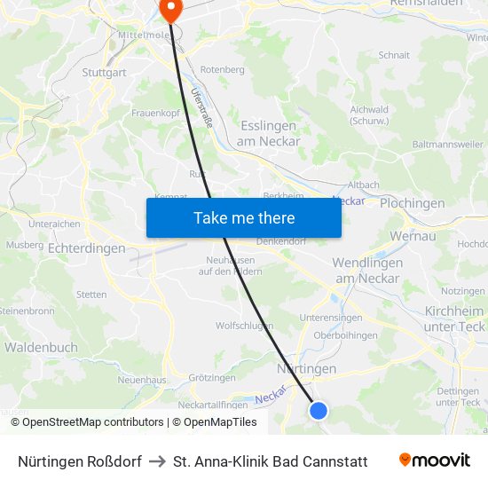 Nürtingen Roßdorf to St. Anna-Klinik Bad Cannstatt map