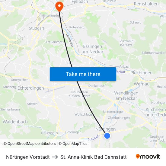 Nürtingen Vorstadt to St. Anna-Klinik Bad Cannstatt map