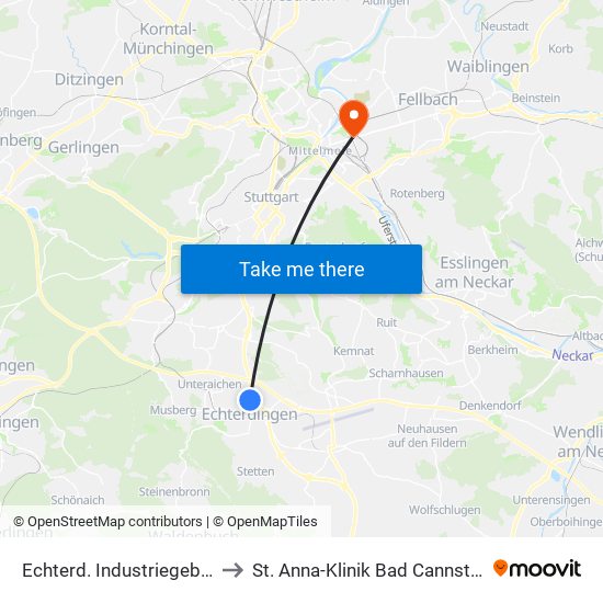 Echterd. Industriegebiet to St. Anna-Klinik Bad Cannstatt map