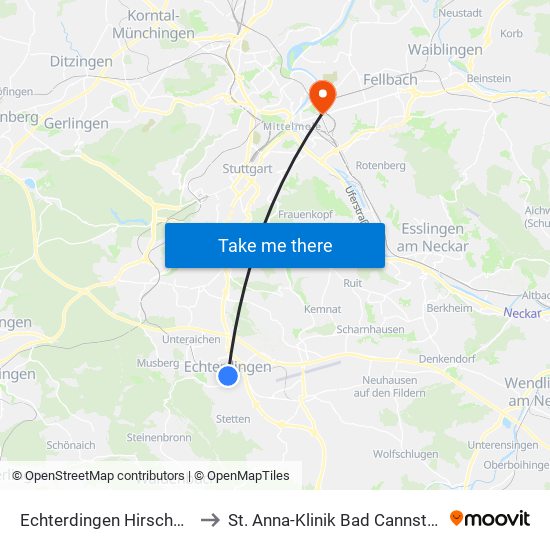 Echterdingen Hirschstr. to St. Anna-Klinik Bad Cannstatt map