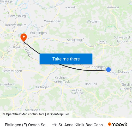 Eislingen (F) Oesch-Schulen to St. Anna-Klinik Bad Cannstatt map