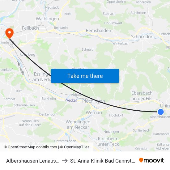 Albershausen Lenaustr. to St. Anna-Klinik Bad Cannstatt map