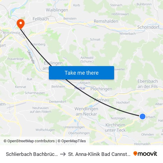 Schlierbach Bachbrücke to St. Anna-Klinik Bad Cannstatt map