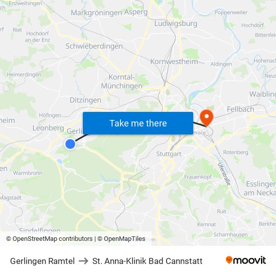 Gerlingen Ramtel to St. Anna-Klinik Bad Cannstatt map