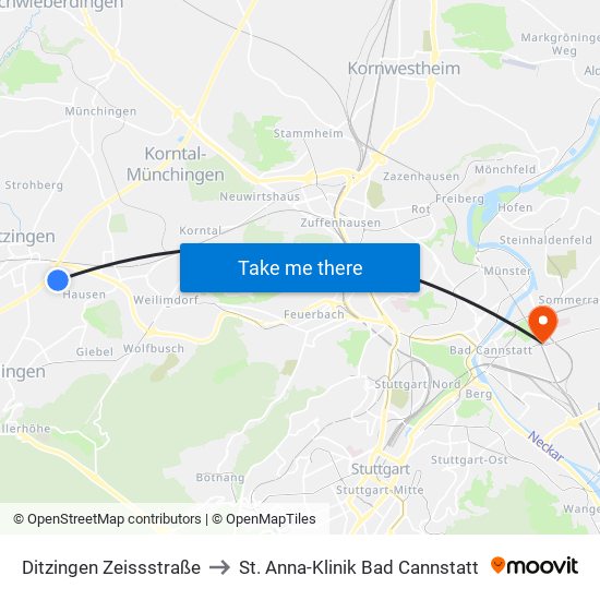 Ditzingen Zeissstraße to St. Anna-Klinik Bad Cannstatt map