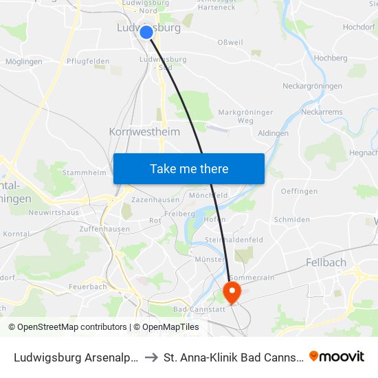 Ludwigsburg Arsenalplatz to St. Anna-Klinik Bad Cannstatt map