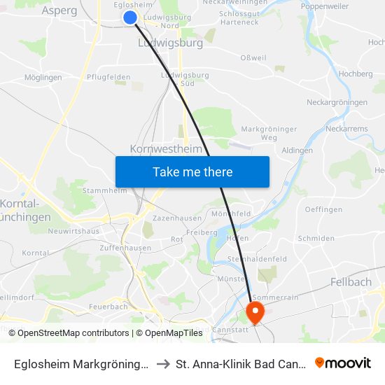 Eglosheim Markgröninger Str. to St. Anna-Klinik Bad Cannstatt map