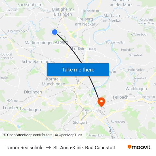 Tamm Realschule to St. Anna-Klinik Bad Cannstatt map