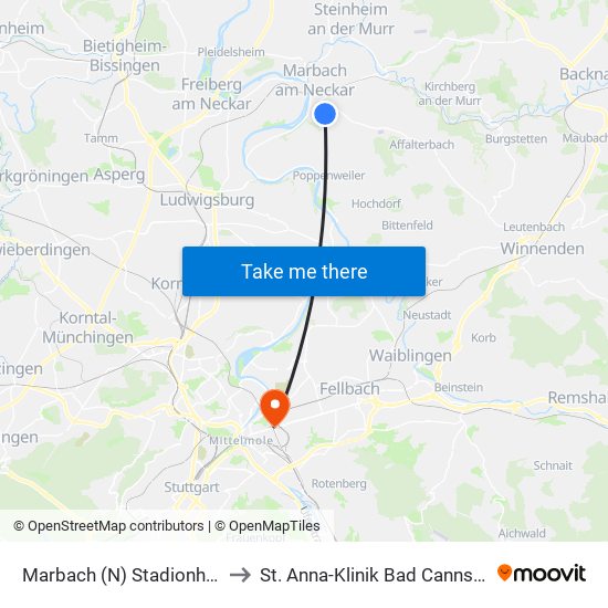 Marbach (N) Stadionhalle to St. Anna-Klinik Bad Cannstatt map