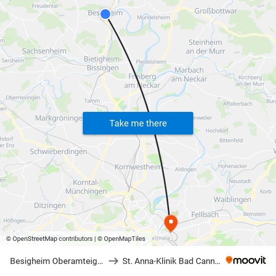 Besigheim Oberamteigasse to St. Anna-Klinik Bad Cannstatt map