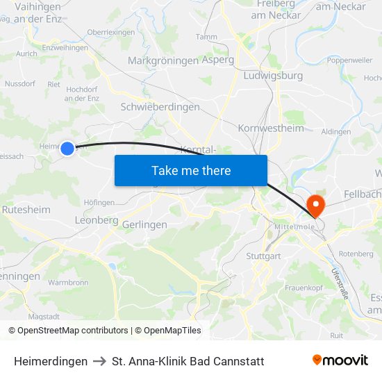 Heimerdingen to St. Anna-Klinik Bad Cannstatt map