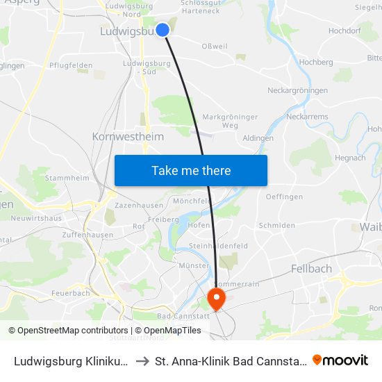 Ludwigsburg Klinikum to St. Anna-Klinik Bad Cannstatt map