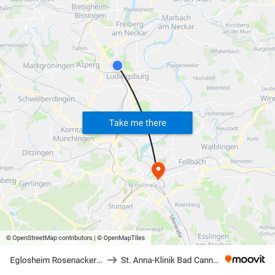 Eglosheim Rosenackerweg to St. Anna-Klinik Bad Cannstatt map