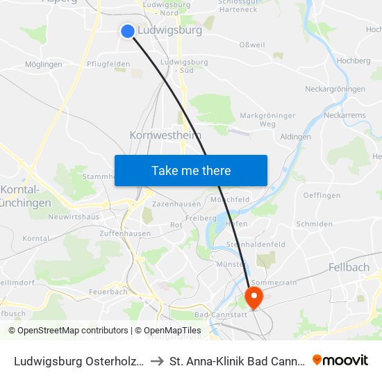 Ludwigsburg Osterholzallee to St. Anna-Klinik Bad Cannstatt map