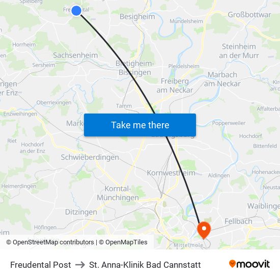 Freudental Post to St. Anna-Klinik Bad Cannstatt map