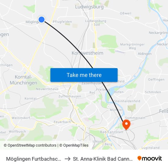 Möglingen Furtbachschule to St. Anna-Klinik Bad Cannstatt map