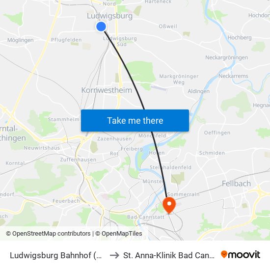 Ludwigsburg Bahnhof (Arena) to St. Anna-Klinik Bad Cannstatt map