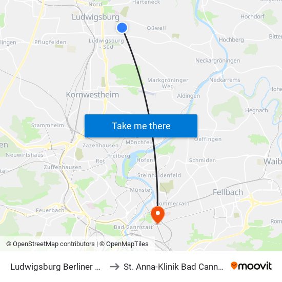 Ludwigsburg Berliner Platz to St. Anna-Klinik Bad Cannstatt map
