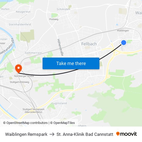 Waiblingen Remspark to St. Anna-Klinik Bad Cannstatt map