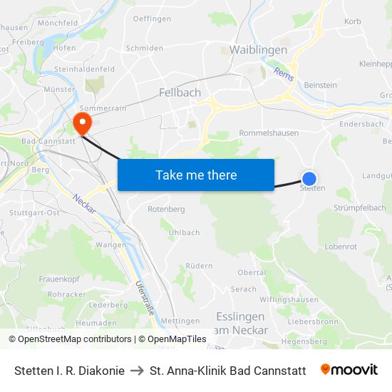 Stetten I. R. Diakonie to St. Anna-Klinik Bad Cannstatt map
