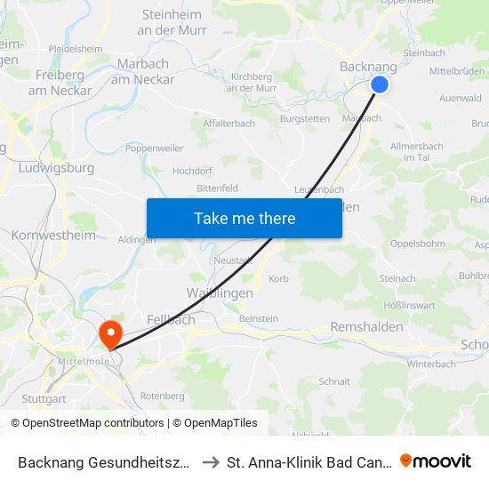 Backnang Gesundheitszentrum to St. Anna-Klinik Bad Cannstatt map