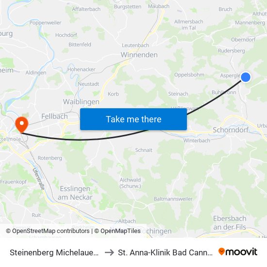 Steinenberg Michelauer Str. to St. Anna-Klinik Bad Cannstatt map
