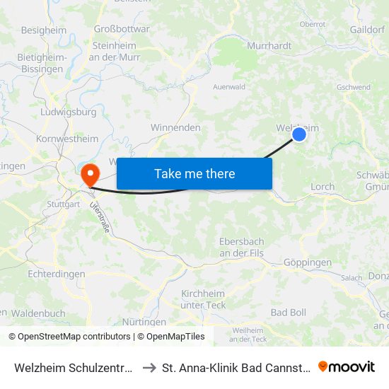 Welzheim Schulzentrum to St. Anna-Klinik Bad Cannstatt map