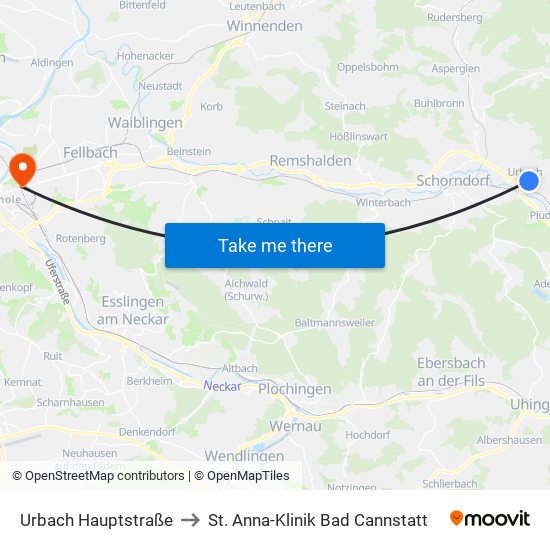 Urbach Hauptstraße to St. Anna-Klinik Bad Cannstatt map