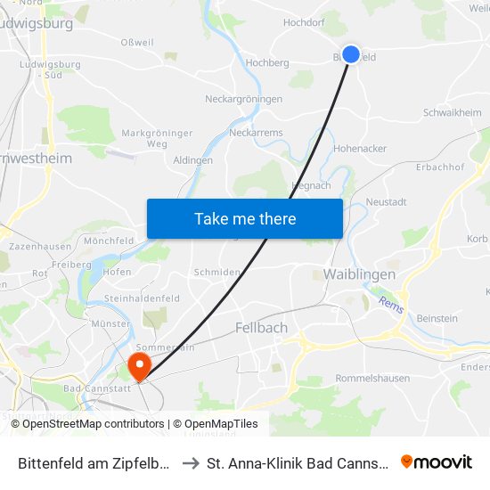 Bittenfeld am Zipfelbach to St. Anna-Klinik Bad Cannstatt map