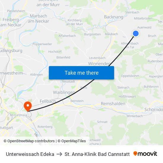 Unterweissach Edeka to St. Anna-Klinik Bad Cannstatt map