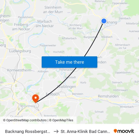 Backnang Rossbergstaffel to St. Anna-Klinik Bad Cannstatt map