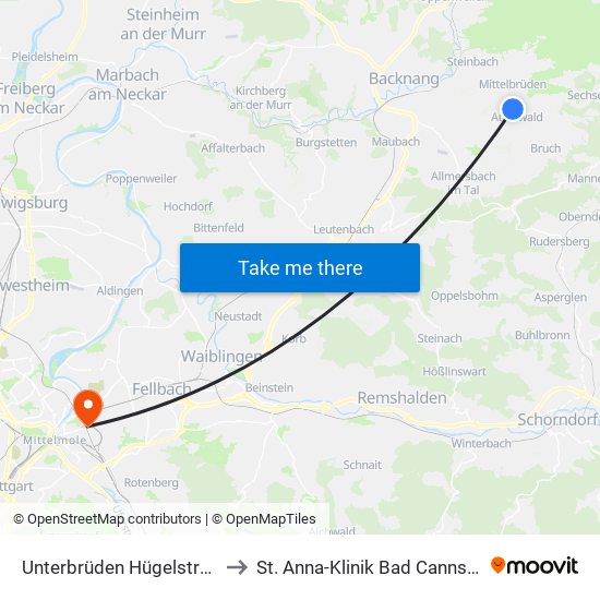 Unterbrüden Hügelstraße to St. Anna-Klinik Bad Cannstatt map