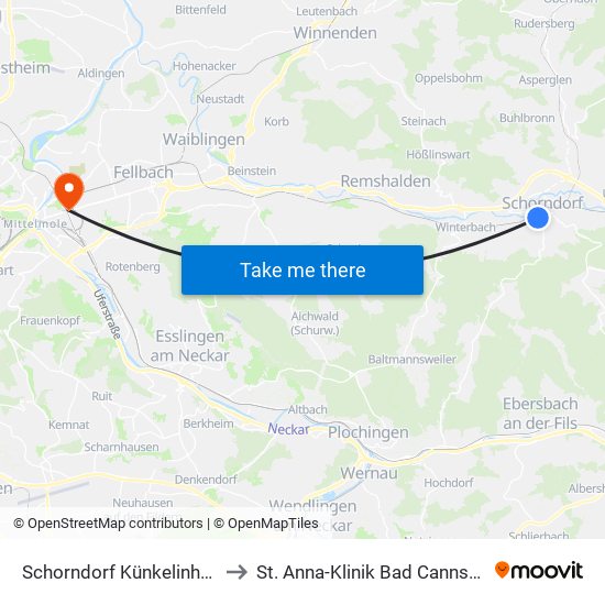 Schorndorf Künkelinhalle to St. Anna-Klinik Bad Cannstatt map