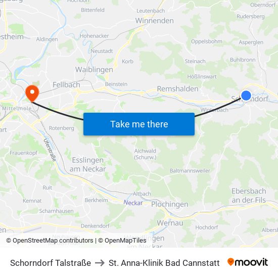 Schorndorf Talstraße to St. Anna-Klinik Bad Cannstatt map