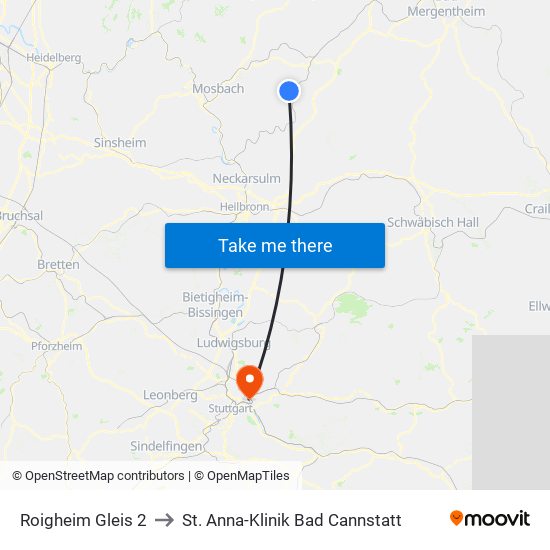 Roigheim Gleis 2 to St. Anna-Klinik Bad Cannstatt map