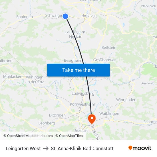 Leingarten West to St. Anna-Klinik Bad Cannstatt map