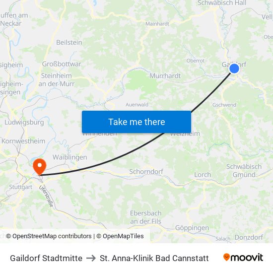 Gaildorf Stadtmitte to St. Anna-Klinik Bad Cannstatt map