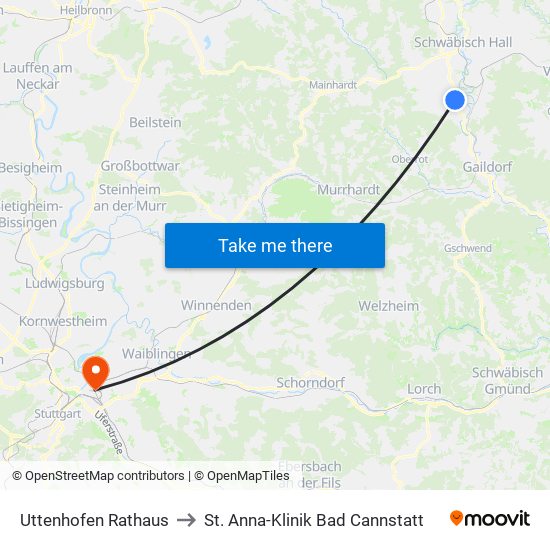 Uttenhofen Rathaus to St. Anna-Klinik Bad Cannstatt map