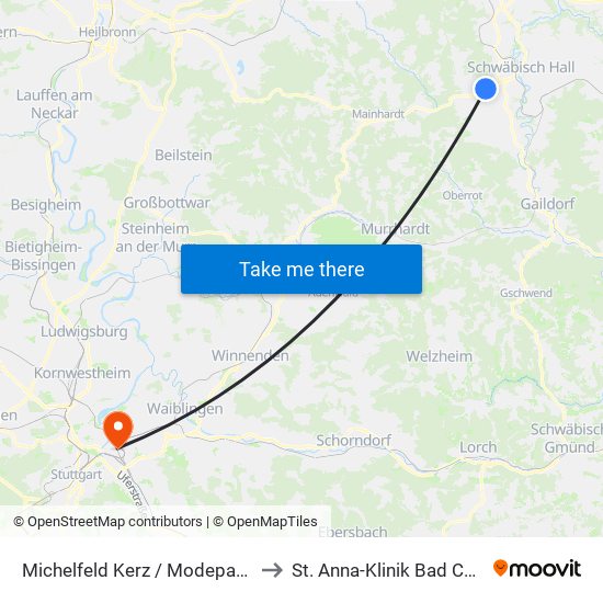 Michelfeld Kerz / Modepark Röther to St. Anna-Klinik Bad Cannstatt map