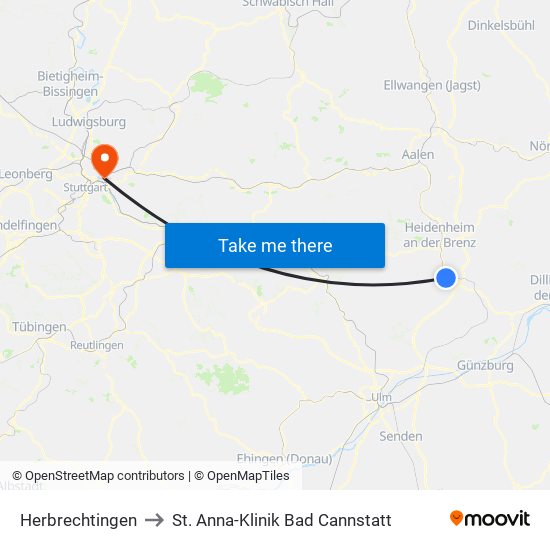 Herbrechtingen to St. Anna-Klinik Bad Cannstatt map