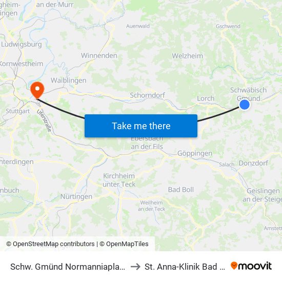 Schw. Gmünd Normanniaplatz/Sporthalle to St. Anna-Klinik Bad Cannstatt map